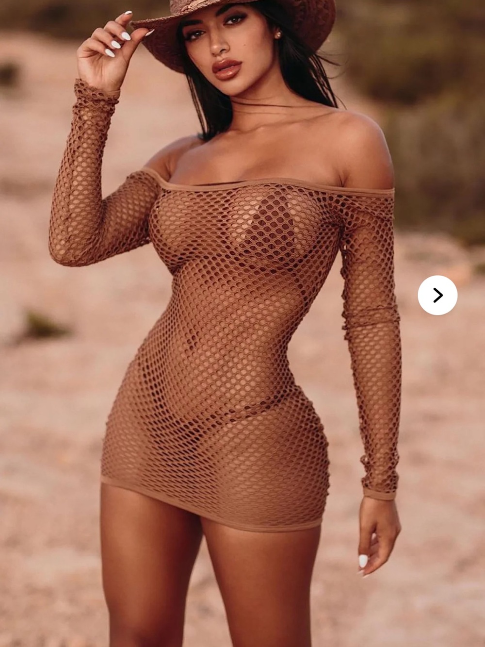Fashion Nova Brown Off-Shoulder Fishnet Mini Dress